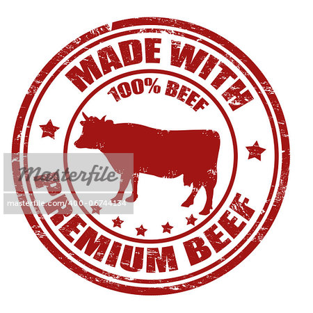 Grunge office rubber stamp with the cow and the text made with premium beef written inside