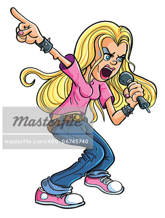 Vector cartoon illustration of a long haired blonde female Rock n Roll singer performing at a concert and pointing with her finger