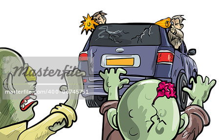 Two undead zombies pusuing a car during the Apocalypse intent on destruction with two men leaning out of the windows firing handguns at them as they stay on the move to survive