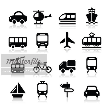 Black icons set with reflection - vehicle, trasport, holidays icons
