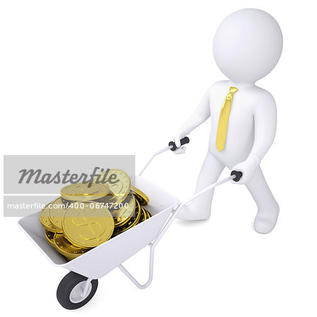 3d white man carries a wheelbarrow of gold coins. Isolated render on a white background