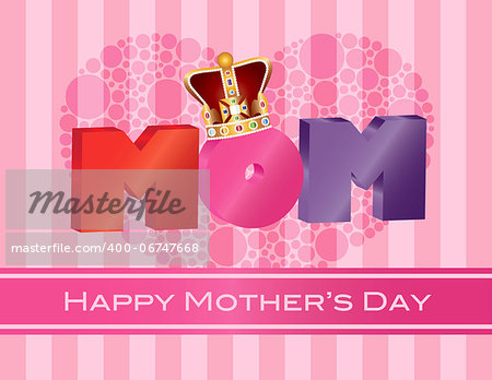 Happy Mothers Day MOM Alphabets with Heart Shape Polka Dots and Crown on Pink Stripes Pattern Background Illustration