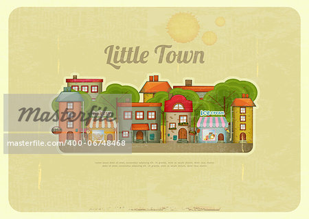 Little Town. Townhouses in a retro Style. Vector Illustration.