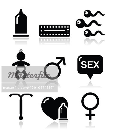 Protection against pregnancy, safe sex icons set isoalted on white