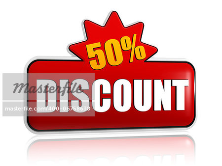 50 percentages discount - text in 3d red banner with star, business concept