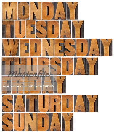 seven days of week from Monday to Sunday in isolated vintage letterpress wood type printing blocks