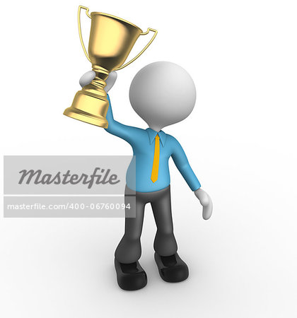 3d people - man, person winner holding a big shiny trophy. Businessman
