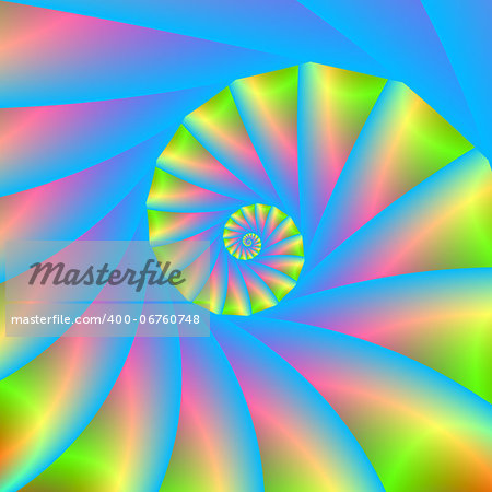 Digital abstract fractal image with a spiral design in pink, blue and green.