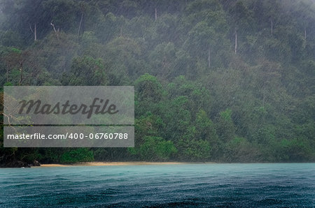 Ocean rain storm detail with green coast background and raindrops