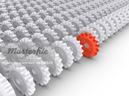 3d cogwheels in rows and one in front