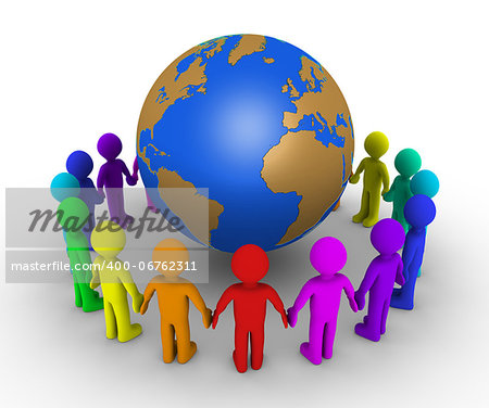 Different colored people form a circle around the globe