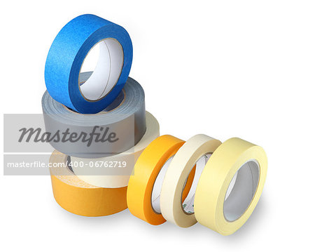 Seven coils colored adhesive tape on paper and polymer-based, isolated image on a white background, horizontal arrangement with painted shade.