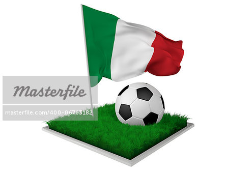 A piece of grass with a ball and an Italian flag