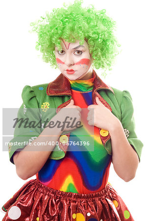 Serious female clown. Isolated on white background