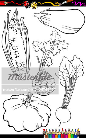 Coloring Book or Page Cartoon Illustration of Black and White Vegetables Food Objects Set