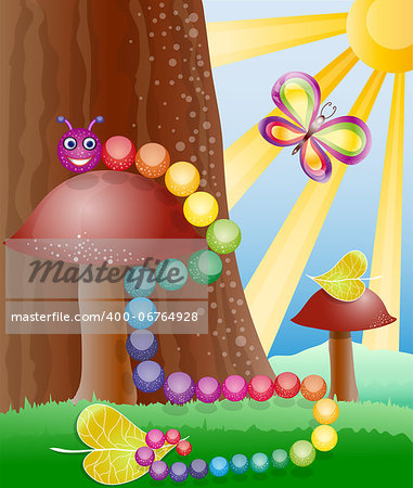 Cartoon picture with nature, butterly and caterpillar