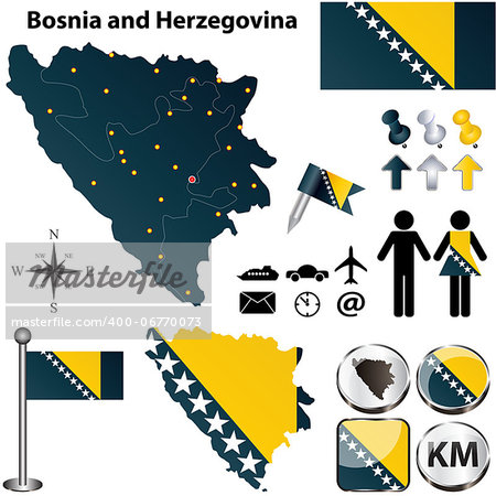 Vector of Bosnia and Herzegovina set with detailed country shape with region borders, flags and icons