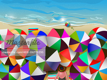 vector illustration of crowded beach full of umbrellas, eps10 file, gradient mesh and transparency used