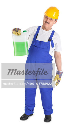 manual worker with green liquid over white background