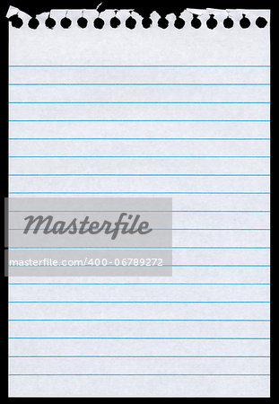 White lined blank torn notepaper page isolated black background.