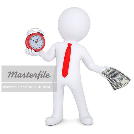 3d man changes the time on money. Isolated render on a white background