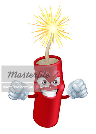 An illustration of mean or angry looking cartoon firecracker or firework character with a lit fuse