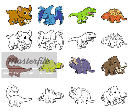 A set of cartoon prehistoric animal and dinosaur illustrations. Color and black an white outline versions.