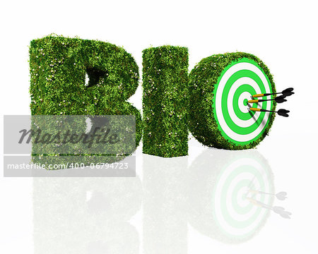bio word composed from letters that are covered by grass and flowers, and a dartboard with three darts stuck in it covers the hole of the letter O, on a white background