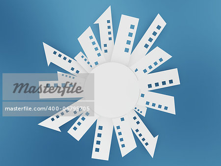 white paper building shapes on blue background