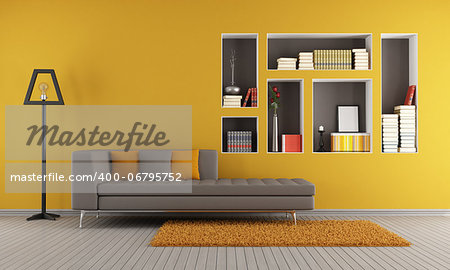 Colorful living room with sofa and niches used as a bookcase - rendering