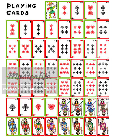 Playing cards pack, illustration of a full collection of objects isolated on white