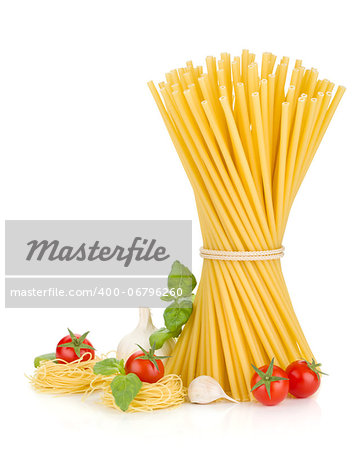 Pasta, tomatoes, basil and garlic. Isolated on white background