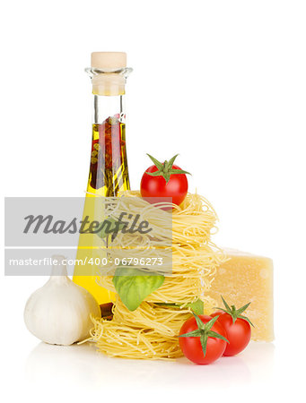 Pasta, tomatoes, basil, olive oil, garlic and parmesan cheese. Isolated on white background