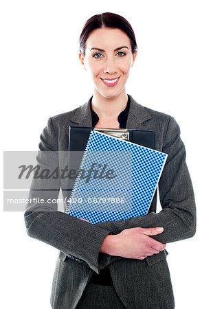 Corporate lady posing with clipboard and spiral notepad