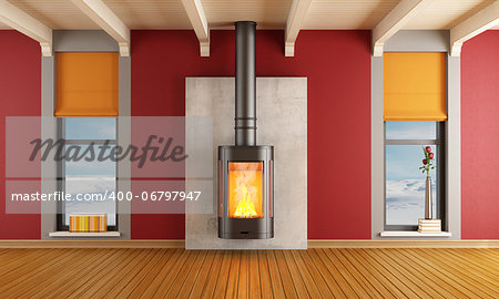 Red living room of a house in the mountains with fireplace - rendering - the image on background is a my photo