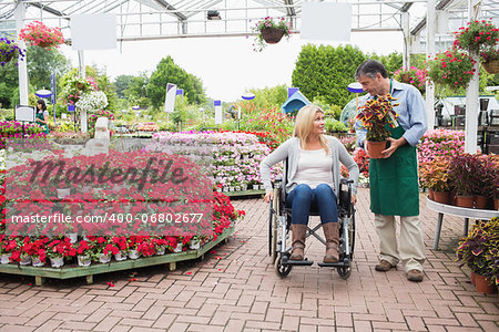Woman in wheelchair talking to employee carrying plant in garden center