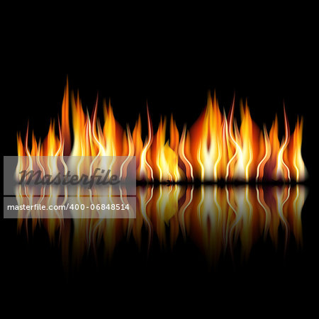 illustration of burning fire flame on black background, Zip includes 300 dpi JPG, Illustrator CS, EPS10. Vector with transparency.