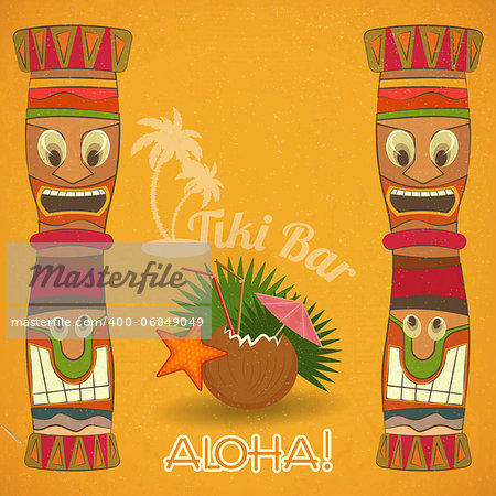 Vintage Hawaiian Tiki bar - cocktail and Tiki totem - vector illustration.