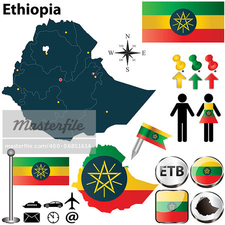 Vector of Ethiopia set with detailed country shape with region borders, flags and icons