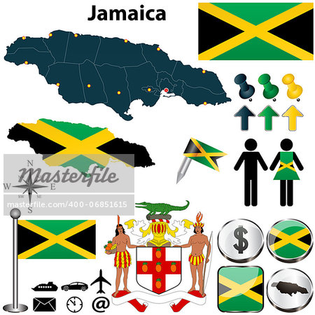 Vector of Jamaica set with detailed country shape with region borders, flags and icons