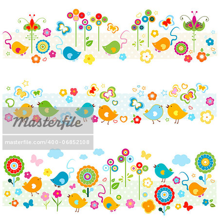 nature borders with birds, butterflies, flowers mouse, cute colorful elements
