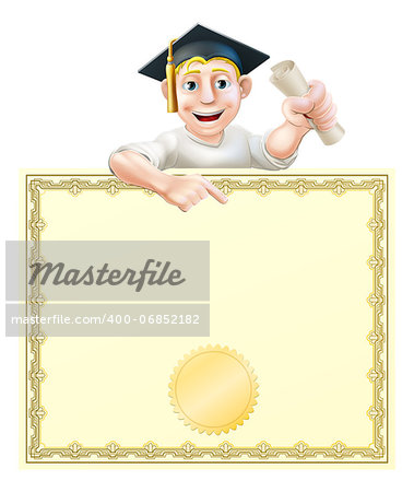 Cartoon man in graduate cap holding a scroll certificate, diploma or other qualification, peeping over a certificate and pointing