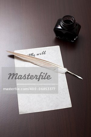 Old style my will letter: blank paper, quill and feather