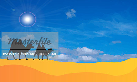 Vector desert landscape with two silhouettes of camels. On background is blue sky with sun and clouds, sand. Sahara.