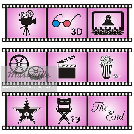 Set of nine movie icons in violet film stripes