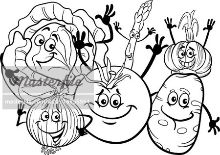 Black and White Cartoon Illustration of Funny Vegetables Food Characters Group for Coloring Book
