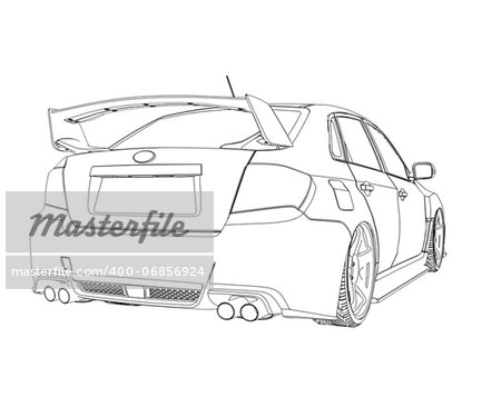Car rendering in lines. Isolated render on a white background