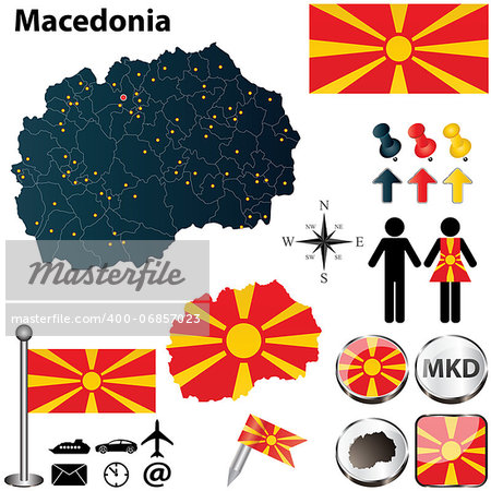 Vector of Macedonia set with detailed country shape with region borders, flags and icons