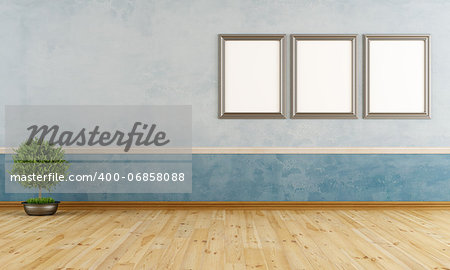 Empty blue vintage room with blank frame - rendering