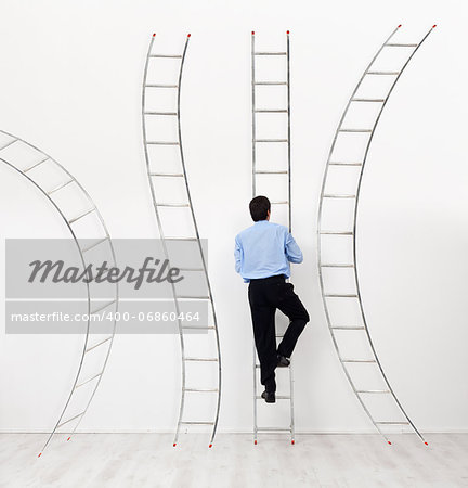 Career choices and opportunities concept - businessman climbing the right ladder
